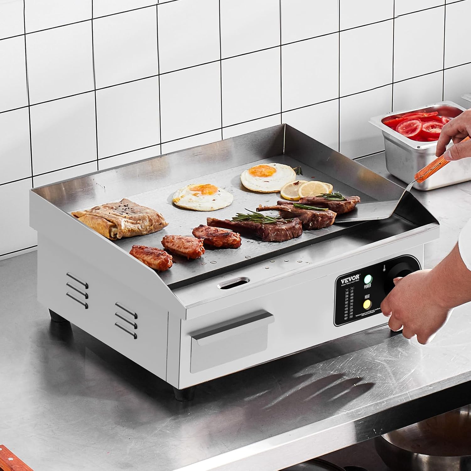 VEVOR Commercial Electric Griddle, 1700W Countertop Flat Top Grill, 18in Stainless Steel Griddle Grill with 2 Shovels and 2 Brushes for Home or Restaurant, 122℉-572 ℉ Adjustable Temp