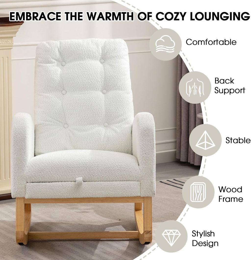 NIOIIKIT Rocking Chair Nursery, Polar Fleece Upholstered Glider Chair with Footstool, Tufted Rocker Recliner Chair with Side Pocket, Comfy Glider Accent Chair for Living Room (White Polar Fleece)