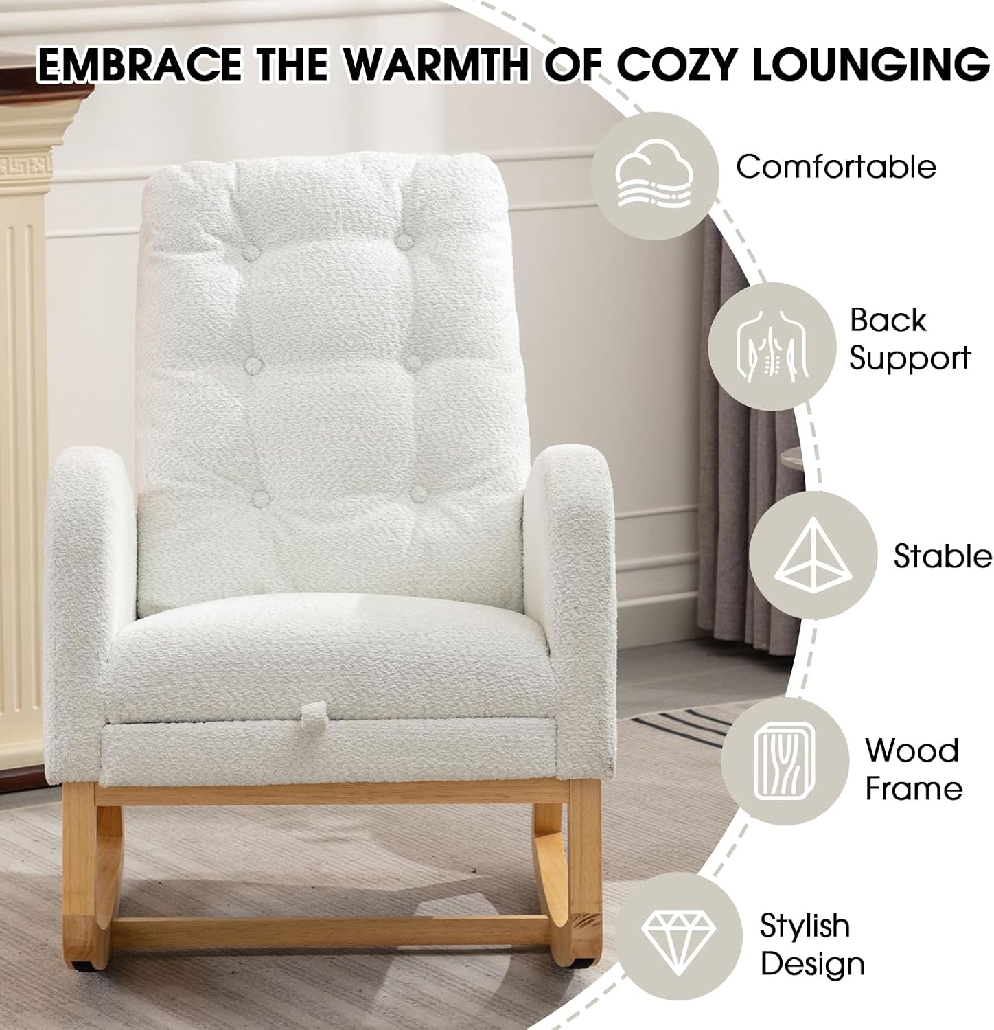 NIOIIKIT Rocking Chair Nursery, Polar Fleece Upholstered Glider Chair with Footstool, Tufted Rocker Recliner Chair with Side Pocket, Comfy Glider Accent Chair for Living Room (White Polar Fleece)