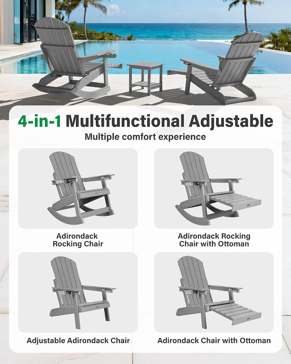 YEFU Adirondack Rocking Chairs Set of 2, Adjustable Adirondack Chair with Retractable Ottoman,Outdoor Rocking Chair,Rockings Chairs Outside,Weather Resistant,for Patio,Porch,Lawn,Heavy Duty,Grey