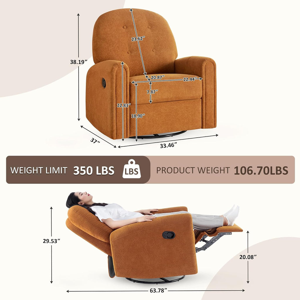 VANOMi 360 Swivel Rocker Recliner Chair, Nursery Rocking Chair with Tufted Backrest, Manual Recliner Chairs for Small Spaces, Upholstered Glider Nursing Chair for Living Room, Bedroom (Curry)