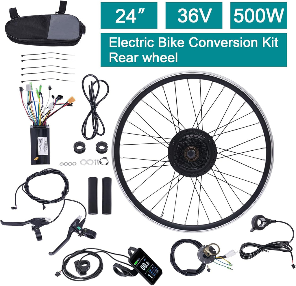 24' Electric Bike Conversion Kit, 36V 500W Rear Wheel E-Bike Conversion Kit,Powerful Motor E-Bike Conversion Kit Dual Mode Controller W/LCD Display Twist Throttle PAS Ebike Wheel Kit