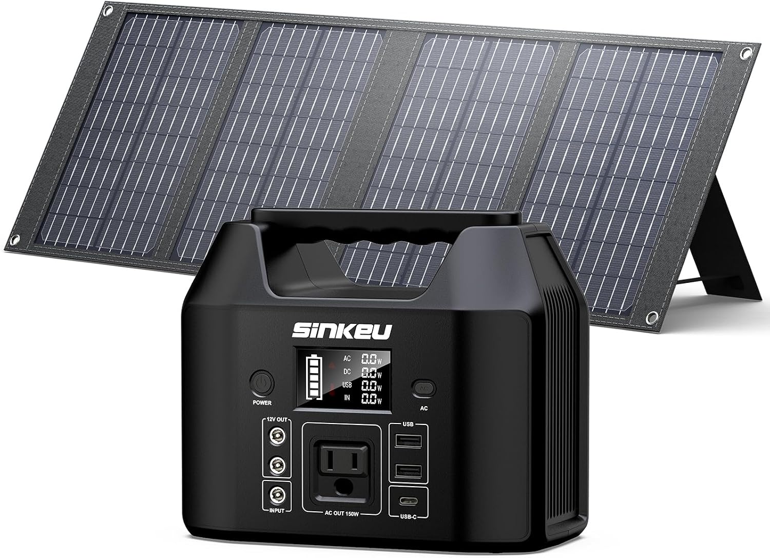 SinKeu Portable Power Station with 40W Portable Solar Panels, LiFePO4 Battery Solar Generator for Home Use, 150W Power Bank with AC Outlet for Camping, RV, Emergency Backup