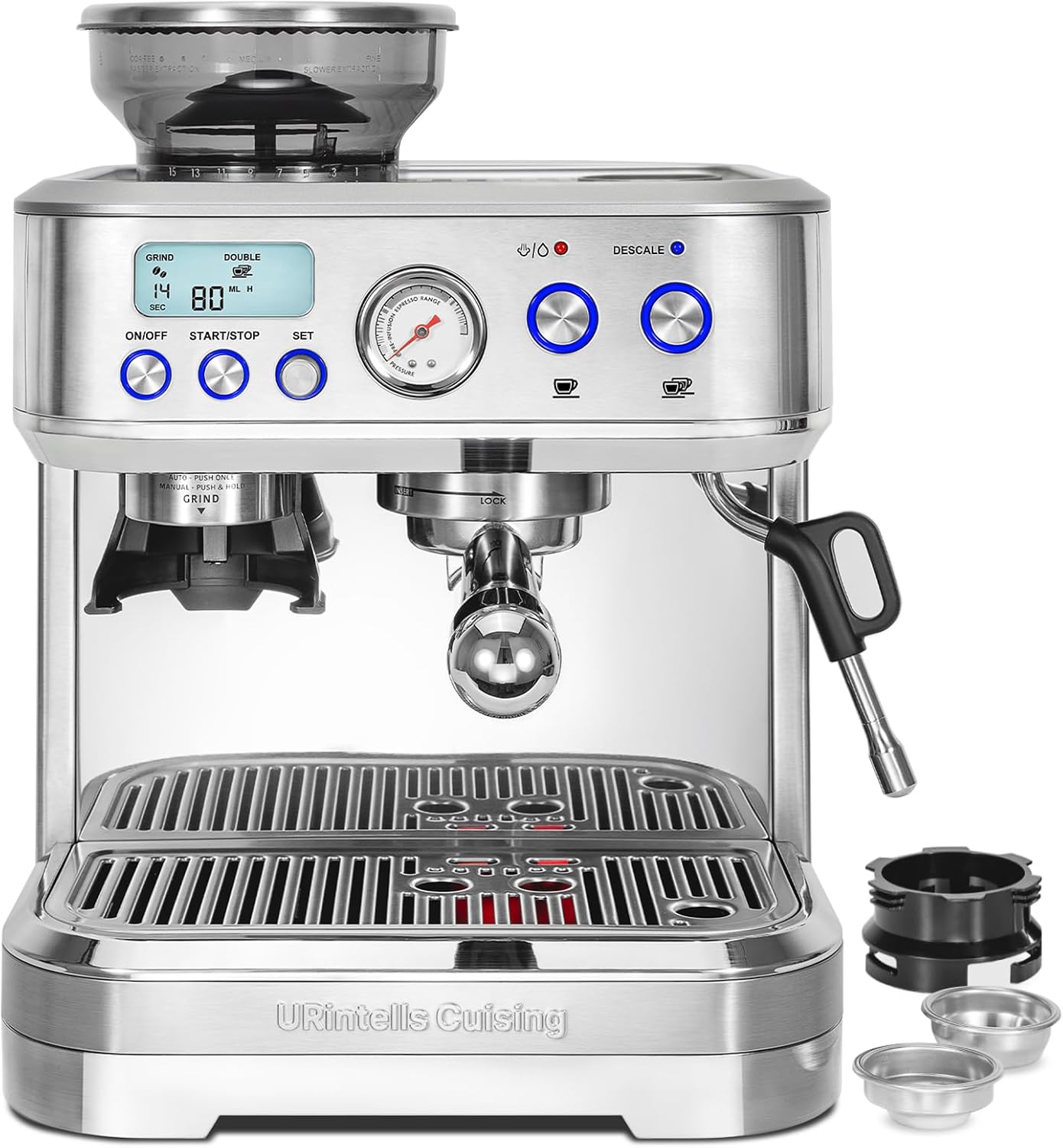 URintells Cuising Espresso Machine with Grinder, Espresso Maker with 58MM Portafilter & Milk Frother, Latte Machine, Cappuccino Machines for Home, Automatic Stainless Steel Expresso Coffee Machines