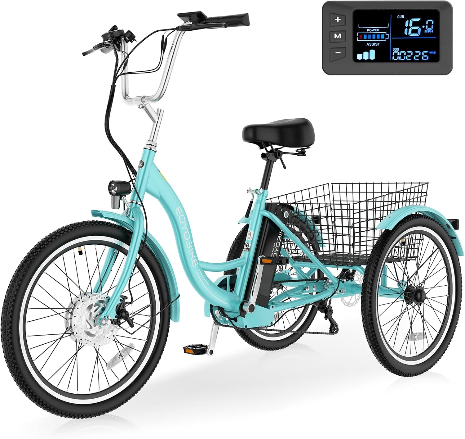 Electric Tricycle for Adults Seniors, 24/26 Inch 3 Wheel E-Trike, 350W Motor (700W Peak), Removable 36V Battery, Up to 15.5MPH, 25-60Mile Range, Low Step-Through, Rear Basket, 350lbs Capacity, 7 Speed