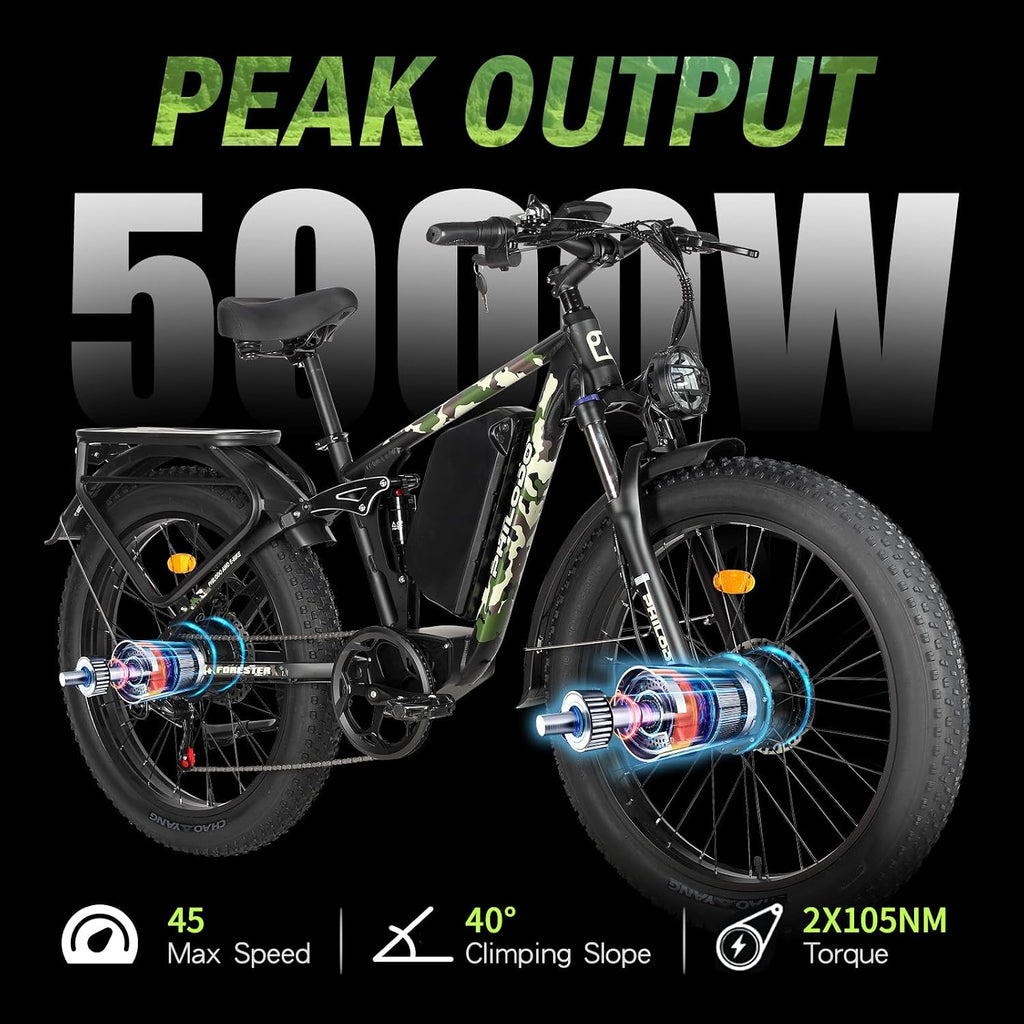 Forester 5000W Peak Dual Motor Electric Bike - 45 MiIe P-hour High-Speed, Fat Tire Ebike with 60V 25Ah Battery, 100+ Mile Range, Full Suspension & Hydraulic Brakes for Adult Off-Road Commuting