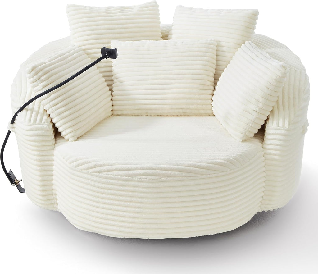 JIVOIT 360° Swivel Accent Chair with 5 Throw Pillows, Adjustable Phone Holder, Corduroy Fabric Round Sofa Chair Barrel Chair with Semi-Wraparound Design for Living Room, Office and Hotel (Beige,1)