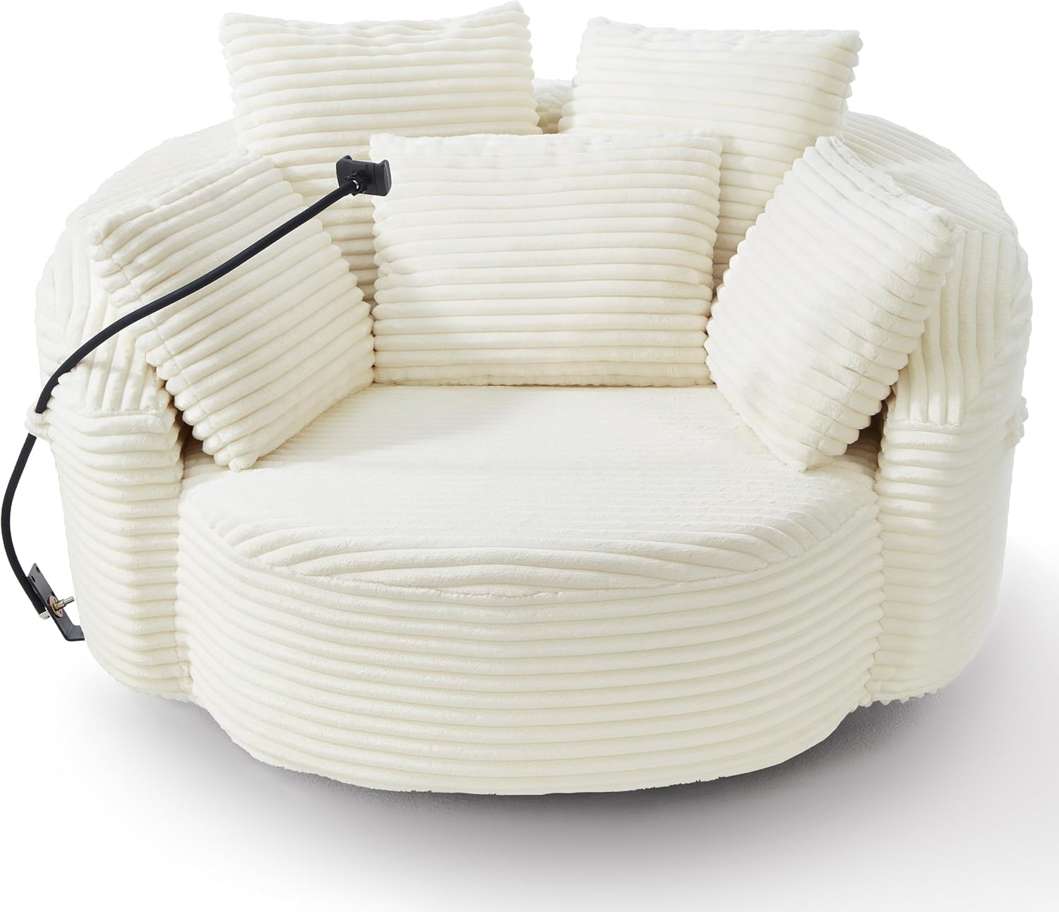 JIVOIT 360° Swivel Accent Chair with 5 Throw Pillows, Adjustable Phone Holder, Corduroy Fabric Round Sofa Chair Barrel Chair with Semi-Wraparound Design for Living Room, Office and Hotel (Beige,1)