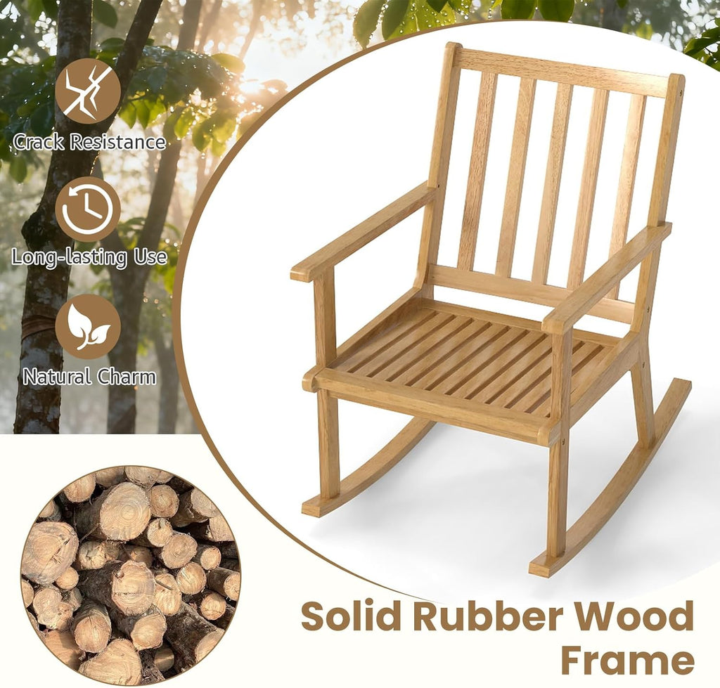 Giantex Rocking Chair with Cushion, Solid Rubber Wood Rocker w/Slatted High Back & Padded Seat, Indoor Rustic Accent Armchair for Living Room, Bedroom, Study, Nursery, Patio, Natural (2)
