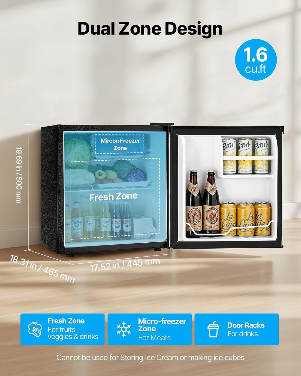 VEVOR Mini Fridge with Freezer, 1.6 Cu.Ft Compact Refrigerator, 7 Mode Adjustable Temperature, Energy Efficient Small Refrigerator, Reversible Door, Low Noise, for Bedroom, Office, Brushed Stainless