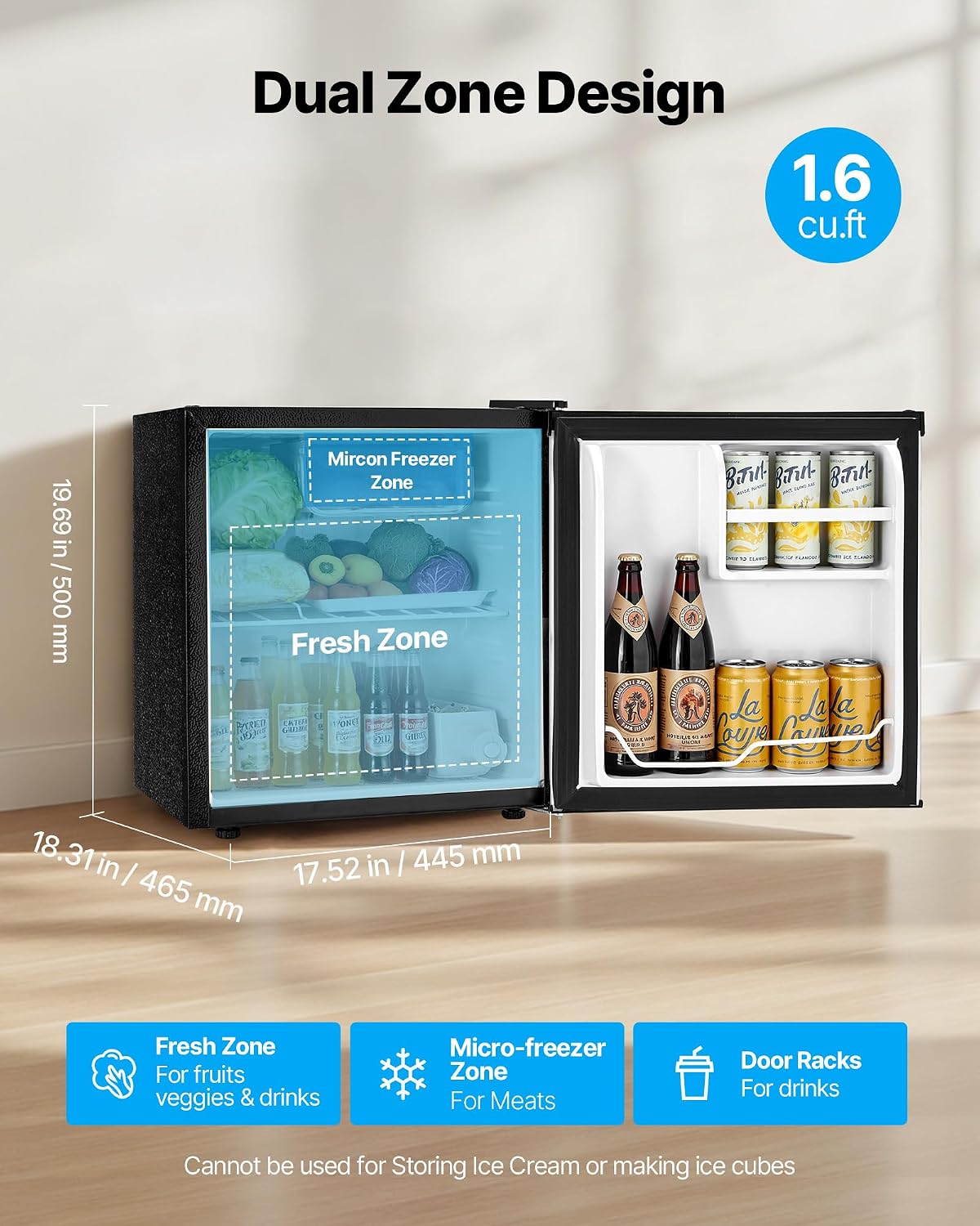 VEVOR Mini Fridge with Freezer, 1.6 Cu.Ft Compact Refrigerator, 7 Mode Adjustable Temperature, Energy Efficient Small Refrigerator, Reversible Door, Low Noise, for Bedroom, Office, Brushed Stainless