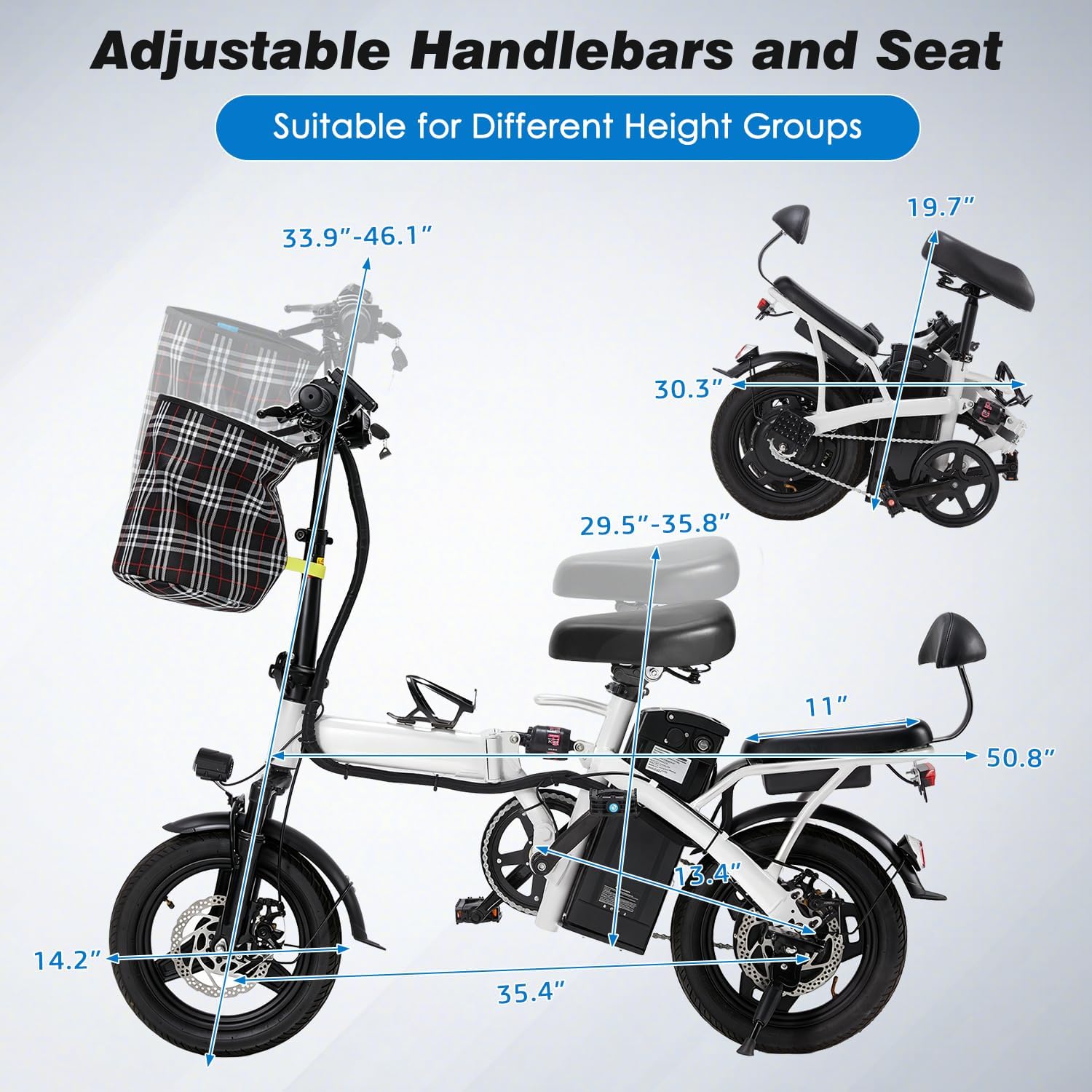 Mdeam Foldable Electric Bike,500W Motor Compact Adults Commute Ebike 20 MPH Max Speed,30+ Miles Folding Electric Bicycle with Passenger Seat,14' Mini E-Bike 2 Seater for Adults/Teens