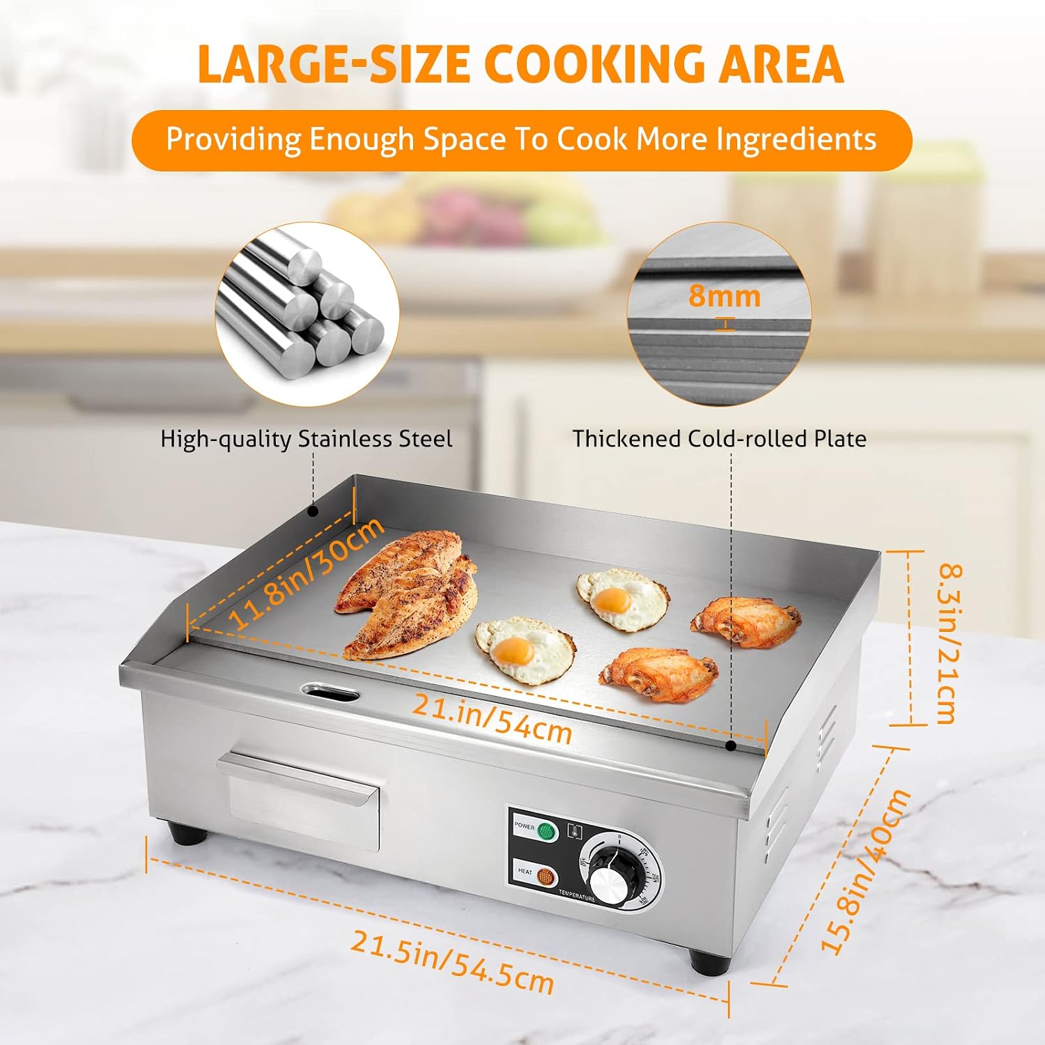 WICHEMI Commercial Electric Griddle 22' 3000W Flat Top Grill Countertop Griddle Stainless Steel Teppanyaki Grill w/Iron Cooking Plate for Restaurant Kitchen, 110V