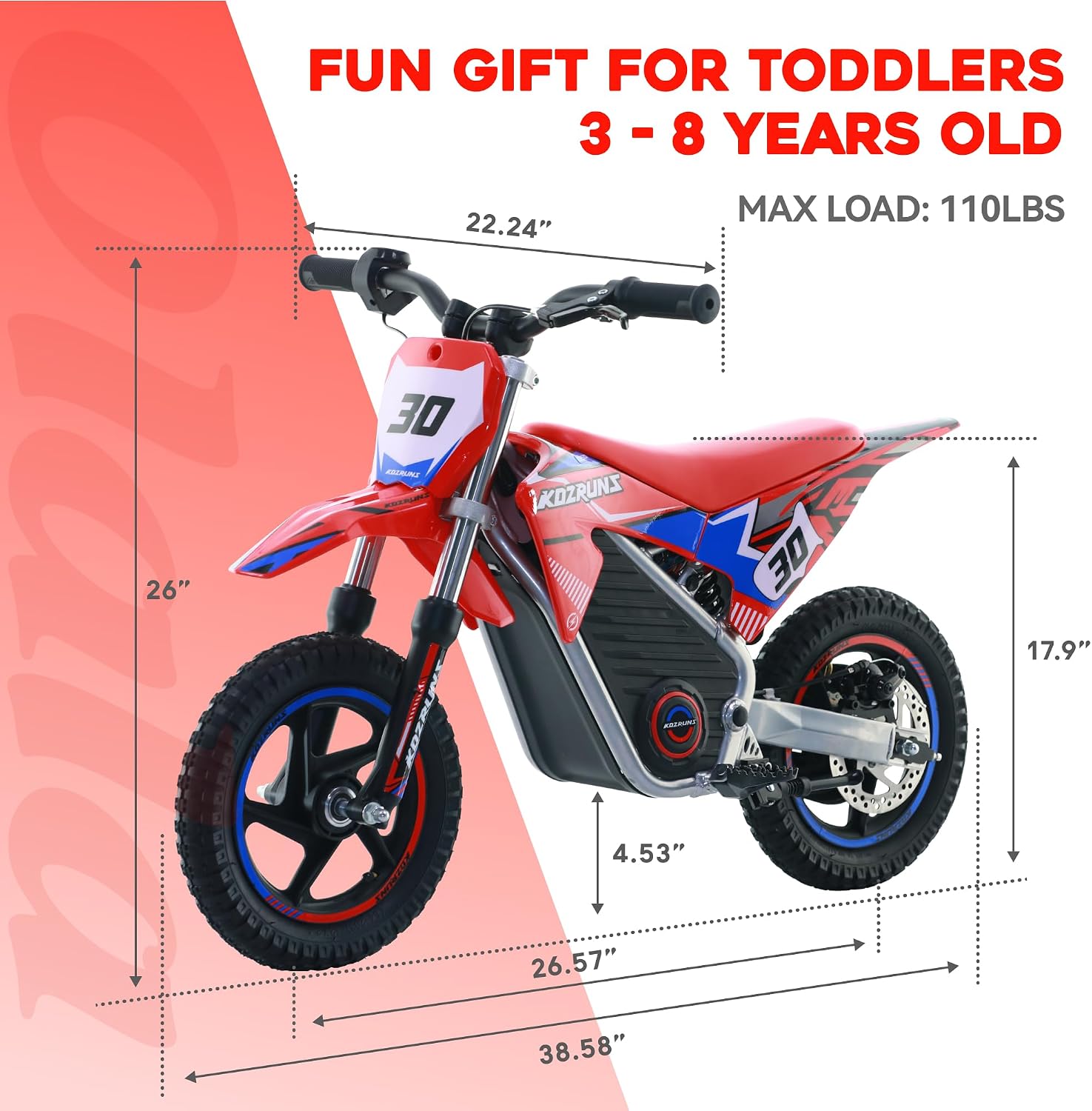 OLALA 36V Electric Dirt Bike for Kids 3-6, 250W Brushless Motor with 3-Speed Control, 15.5 MPH Max Speed, 12' Off-Road Tires Motorcycle, for Boys & Girls, Red