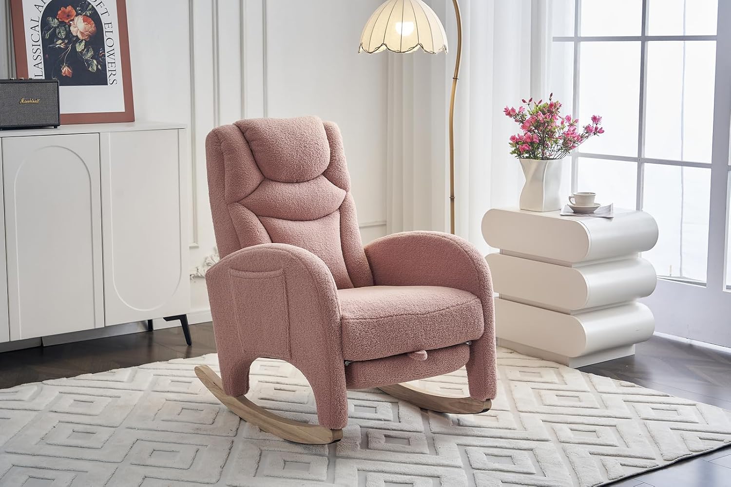 Rocking Chair with Foot Rest, Nursery Glider Teddy Gliding Rocking Chair with Retractable Footrest Rubber Wood Legs Side Pocket High Back & Wide Seat Nursing Chair for Living Room (Pink)