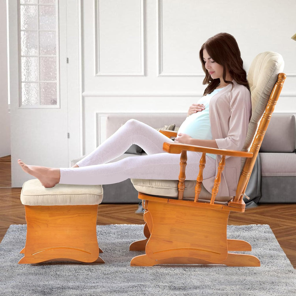 Anti-Pinch Solid Wood Hand Glider Rocking Chair Set with Ottoman, Padded Cushion, Rustic Rubber Wood Nursery Glider for Nursing, Relaxing, Living Room, Bedroom, Honey Colored