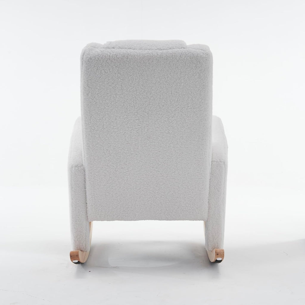 LUMISOL Rocking Chair with Adjustable Footrest, Soft Teddy Fabric Rocking Chair with Pocket for Nursery, Comfy Wing-Back Glider Rocker with Solid Wood Base for Living Room Bedroom Balcony, Ivory