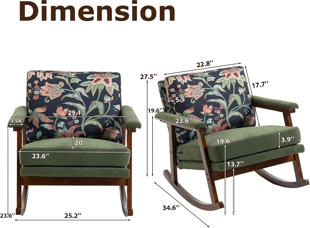 Nursery Rocking Chair Velvet Upholstered Accent Rocker Chair with Flower Pattern Comfy Soft Rocker Glider Solid Rubber Wood Leg for Bedroom Living Room Nursing Room, Green