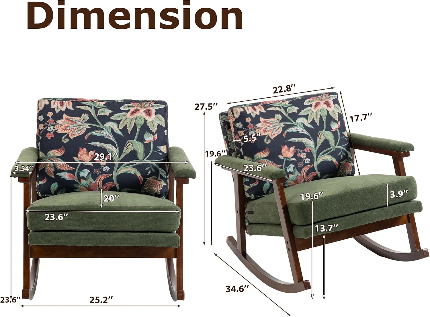 Nursery Rocking Chair Velvet Upholstered Accent Rocker Chair with Flower Pattern Comfy Soft Rocker Glider Solid Rubber Wood Leg for Bedroom Living Room Nursing Room, Green
