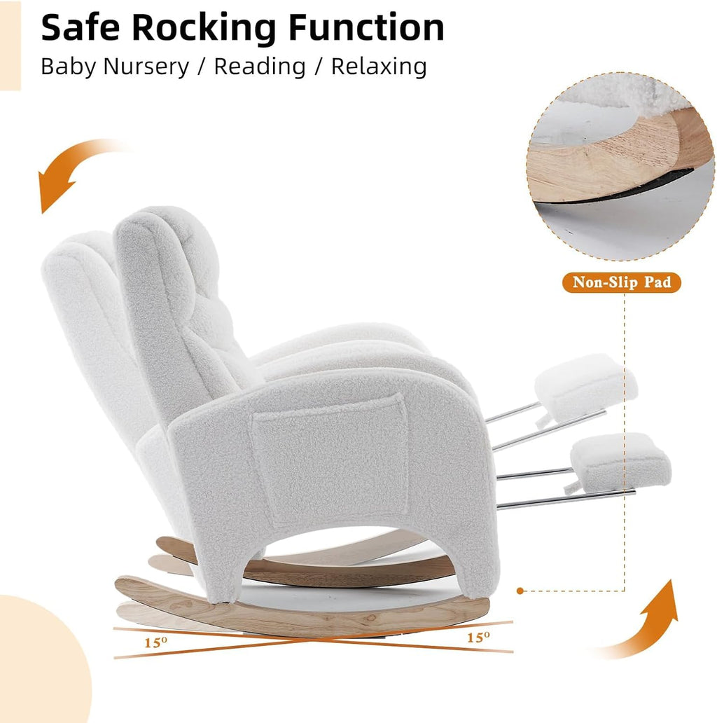 Rocking Chair Nursery with Foot Rest,Upholstered Teddy Glider Rocker with Wood Legs, Nursing Rocking Chair for Living Room/Nursery,Ivory