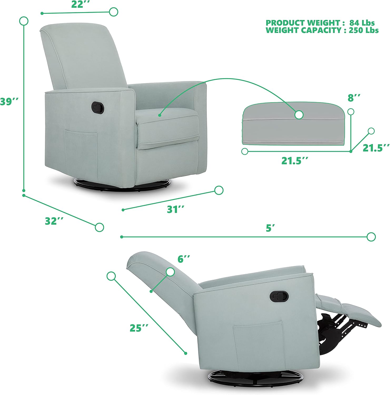 Evolur Raleigh Basic Glider, Recliner and Rocker in Light Blue