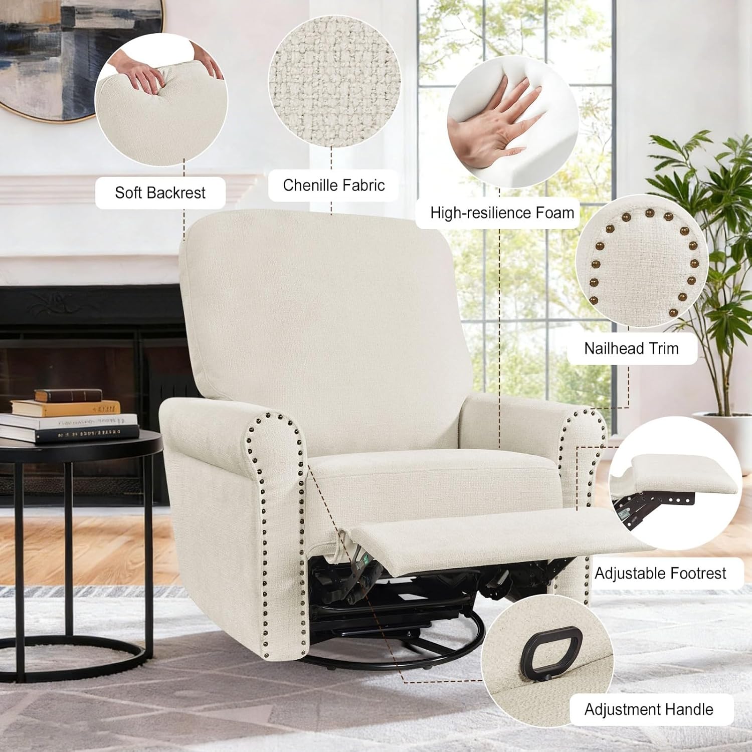 360° Swivel Rocker Recliner Chair with Upholstered Backrest, Small Rocking Recliner for Small Spaces, Chenille Fabric Glider Recliner Nursery Chair (Chenille-Beige, One Chair)