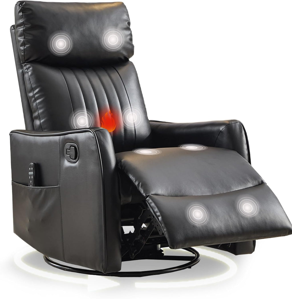 cinkehome Heated Massage Swivel Rocker Recliner Chair for Nursery - Small Space Reclining Chair with Lumbar Support, 360° Swivel & Gentle Rocking, Ergonomic High Back Faux Leather Black