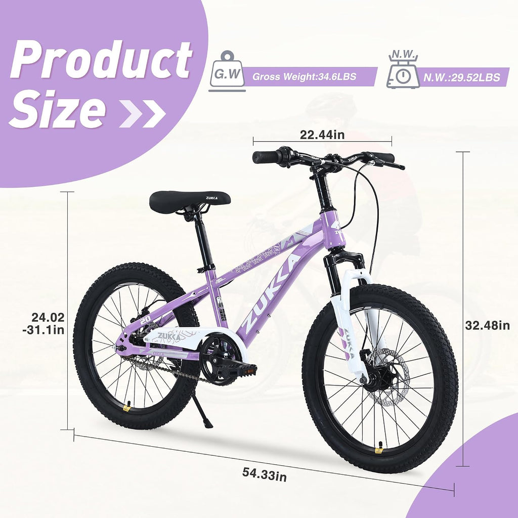 Kids Mountain Bike, 20 24 Inch Kids Bike for Boys Girls Age 7-12 Years, High Carbon Steel Bicycle, Suspension Fork, Dual Disc Brakes, Single Speed, Multiple Colors