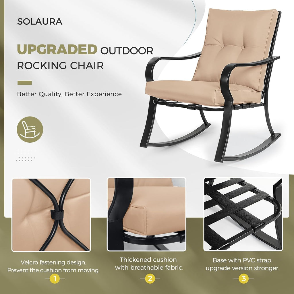 SOLAURA 3-Piece Outdoor Rocking Chairs Bistro Set, Black Iron Patio Furniture with Brown Thickened Cushion & Glass-Top Coffee Table