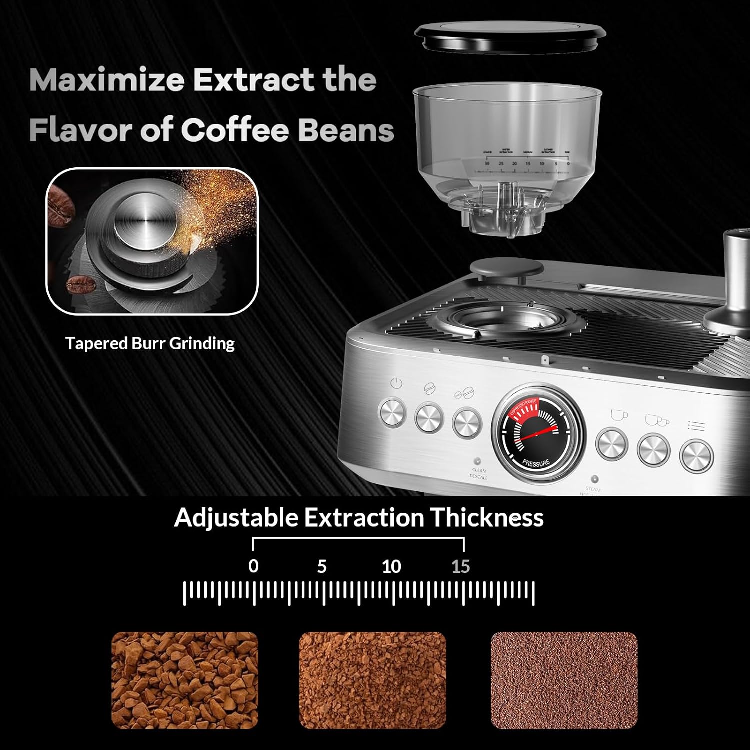 GarveeHome Espresso Coffee Machine, 20 Bar Professional Coffee Maker with Grinder and Milk Frother Steam Wand, 2.8 L Water Tank, 15 Grinding Setting Espresso Cappuccino/Latte Machine for Home