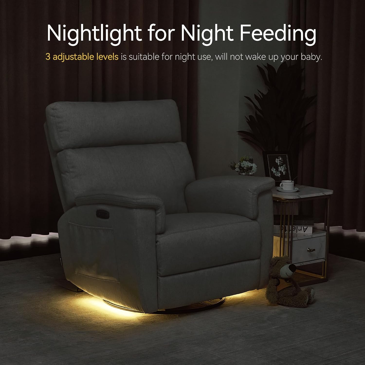 MCombo Oversized Swivel Glider Rocker Recliner with Adjustable Headrest, Dual Motor Power Recliner for Nursery, Led Nightlight, Fabric PR601 (Beige)