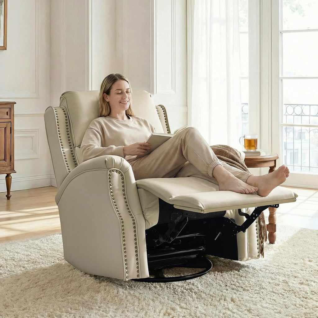 HULALA HOME Genuine Leather Recliner Chair, Swivel Rocker Chair with Thick Seat, Classic Push Back Armchair with Backrest, Nailhead Trim, Beige