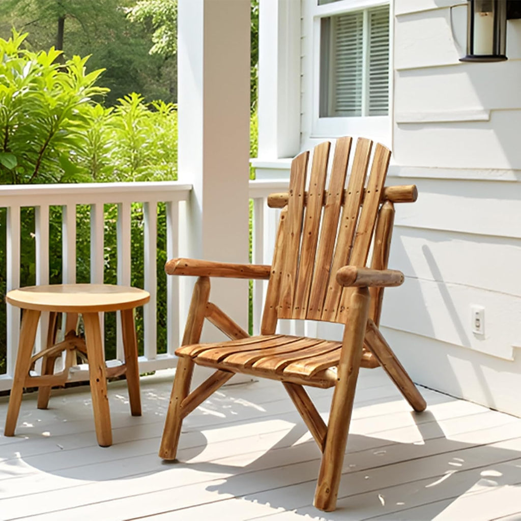 DJL Adirondack Wooden Chair Outdoor Patio Lounge Log Cabin Furniture Rustic Solid Wood Comfortable Seating for Porch, Balcony, Lawn, Fire Pit, Deck, 42.12 Inches Tall, Lightly Toasted