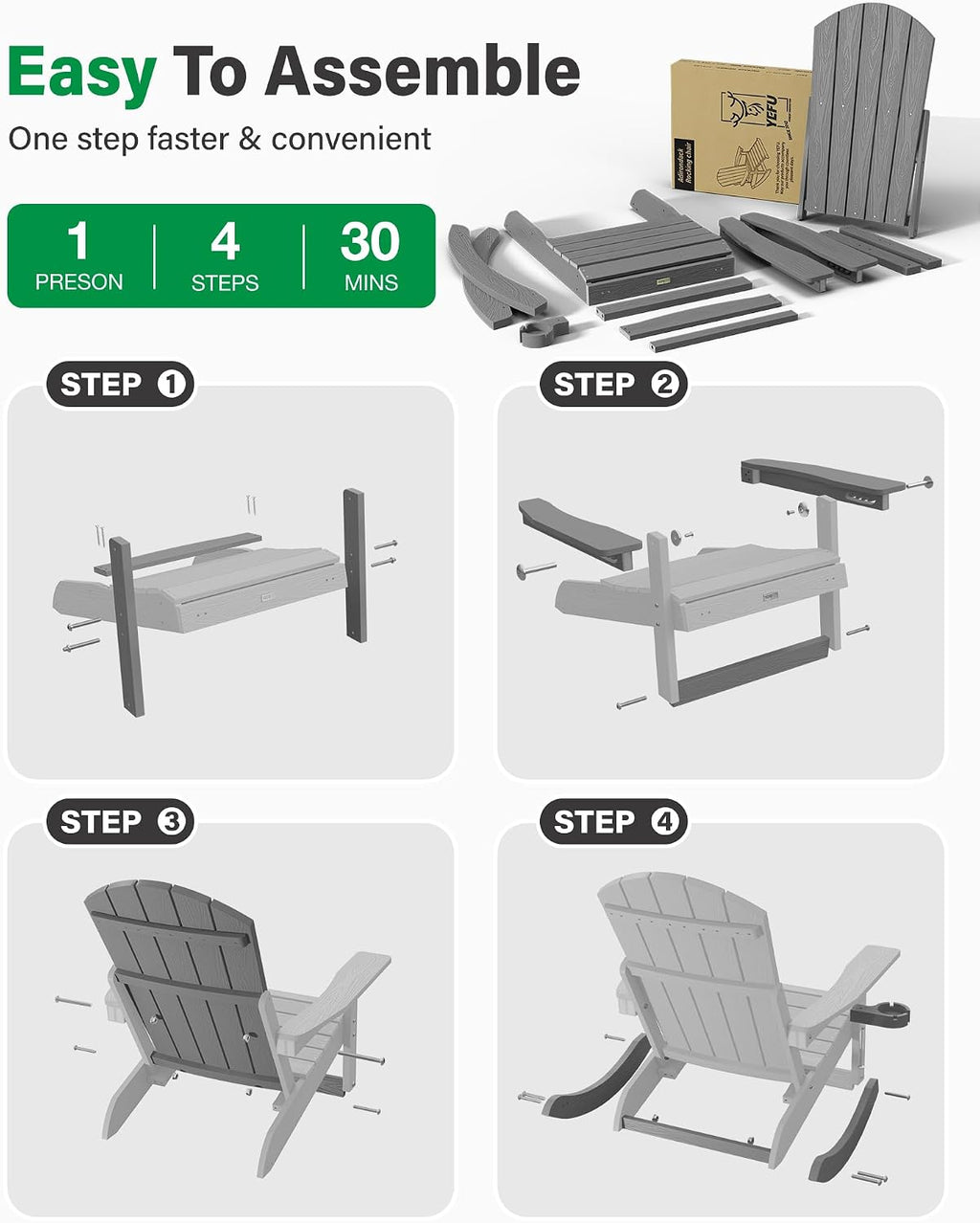YEFU Adirondack Rocking Chairs Set of 2, Adjustable Adirondack Chair with Retractable Ottoman,Outdoor Rocking Chair,Rockings Chairs Outside,Weather Resistant,for Patio,Porch,Lawn,Heavy Duty,Grey