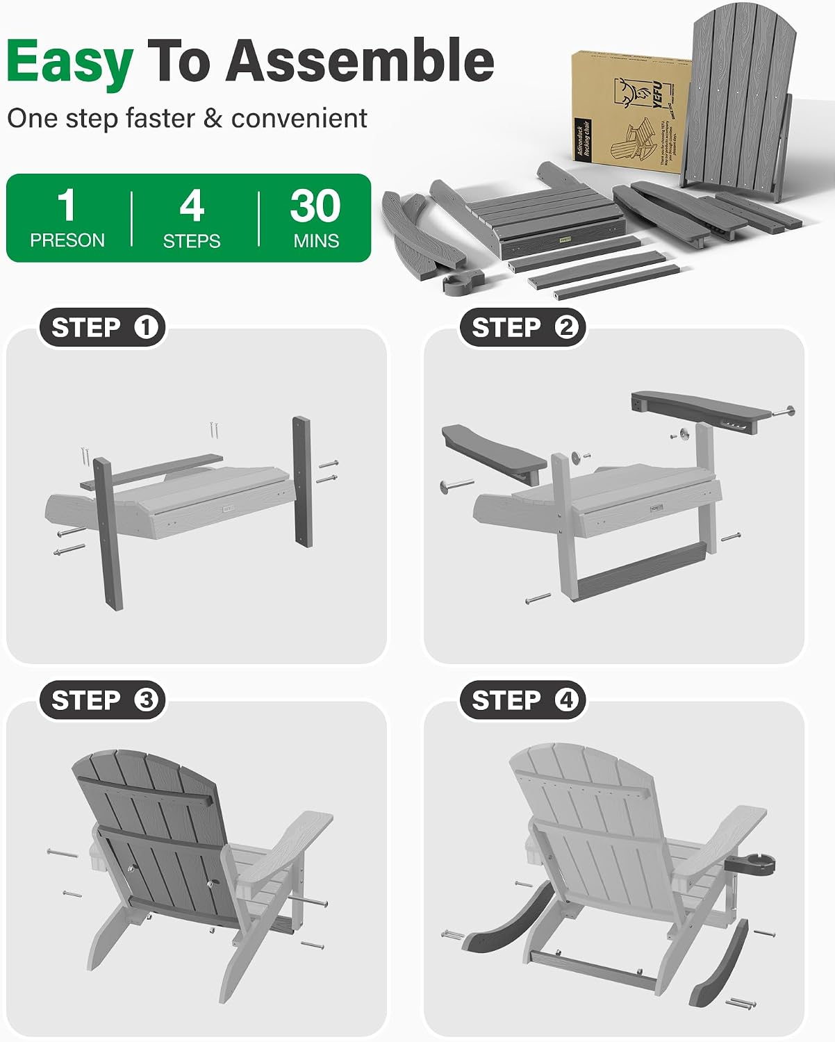 YEFU Adirondack Rocking Chairs Set of 2, Adjustable Adirondack Chair with Retractable Ottoman,Outdoor Rocking Chair,Rockings Chairs Outside,Weather Resistant,for Patio,Porch,Lawn,Heavy Duty,Grey