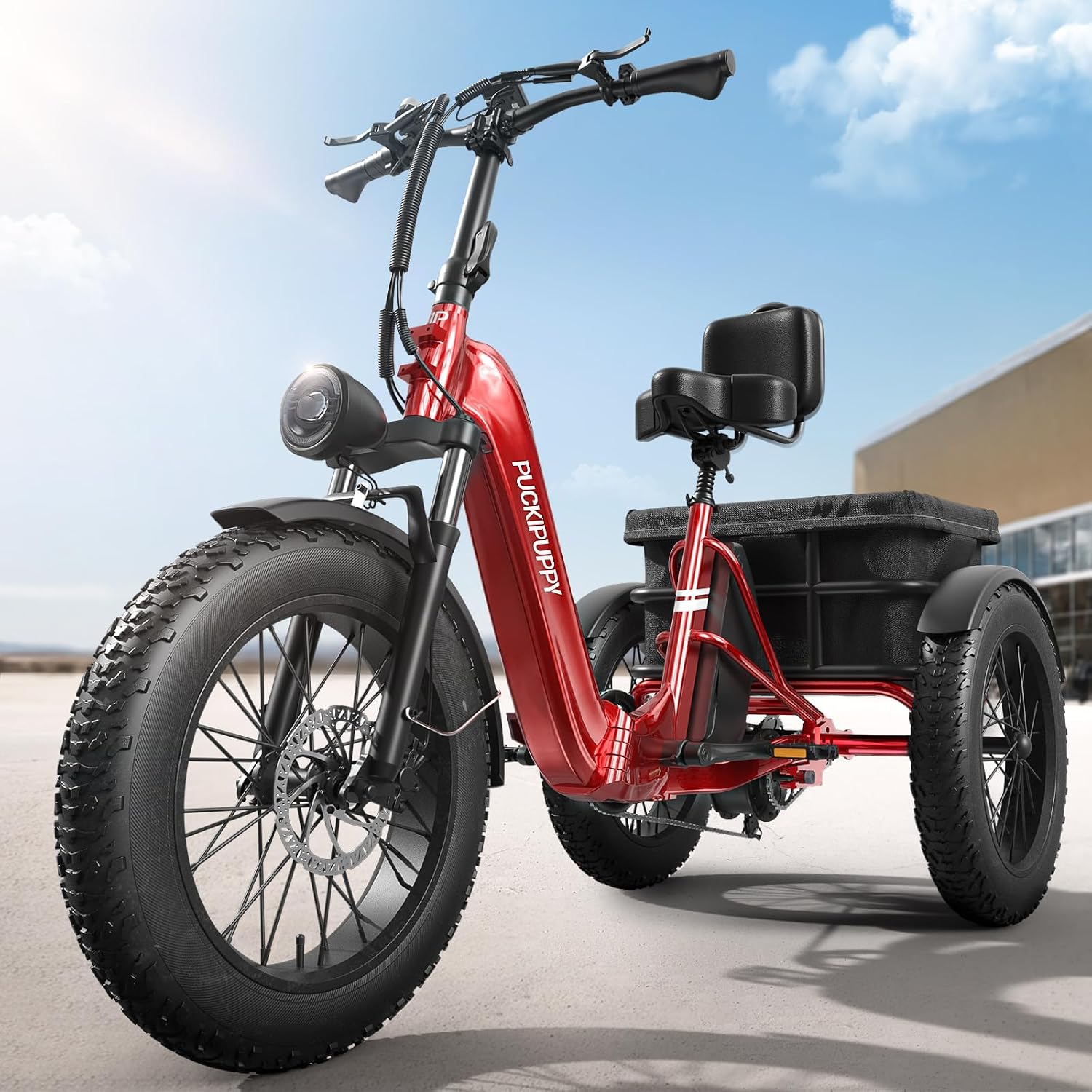 PUCKIPUPPY Electric Tricycle for Adult with 48V 17.4AH Cell Battery, 60 Miles Range Pickup Class Trike, 500 Lbs Load Electric Trike with Rear Differential and 20' Fat Tires, 960W Peak Motor, Husky