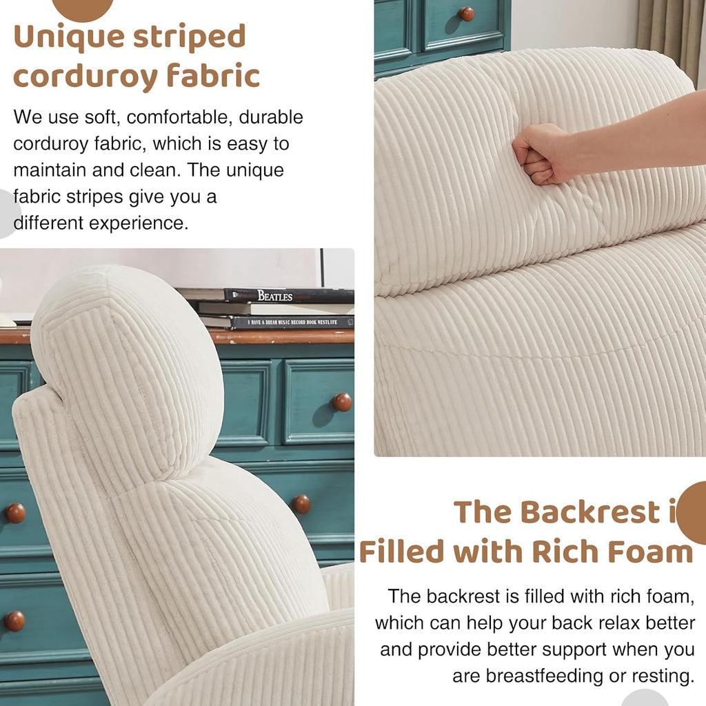 Glider Recliner for Nursery, Swivel Rocker Recliner with 2 Pockets for New Mother, Corduroy Manual Roking Recliners for Living Room, Bedroom, Cream White