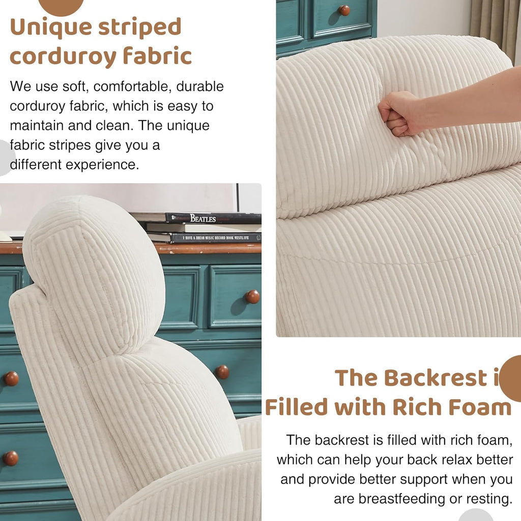 Swivel Recliner Rocker Nursery, Nursering Glider Recliner, Manual Swivel Rocking Reclining with Double Pockets for Living Room, Corduroy Cream White