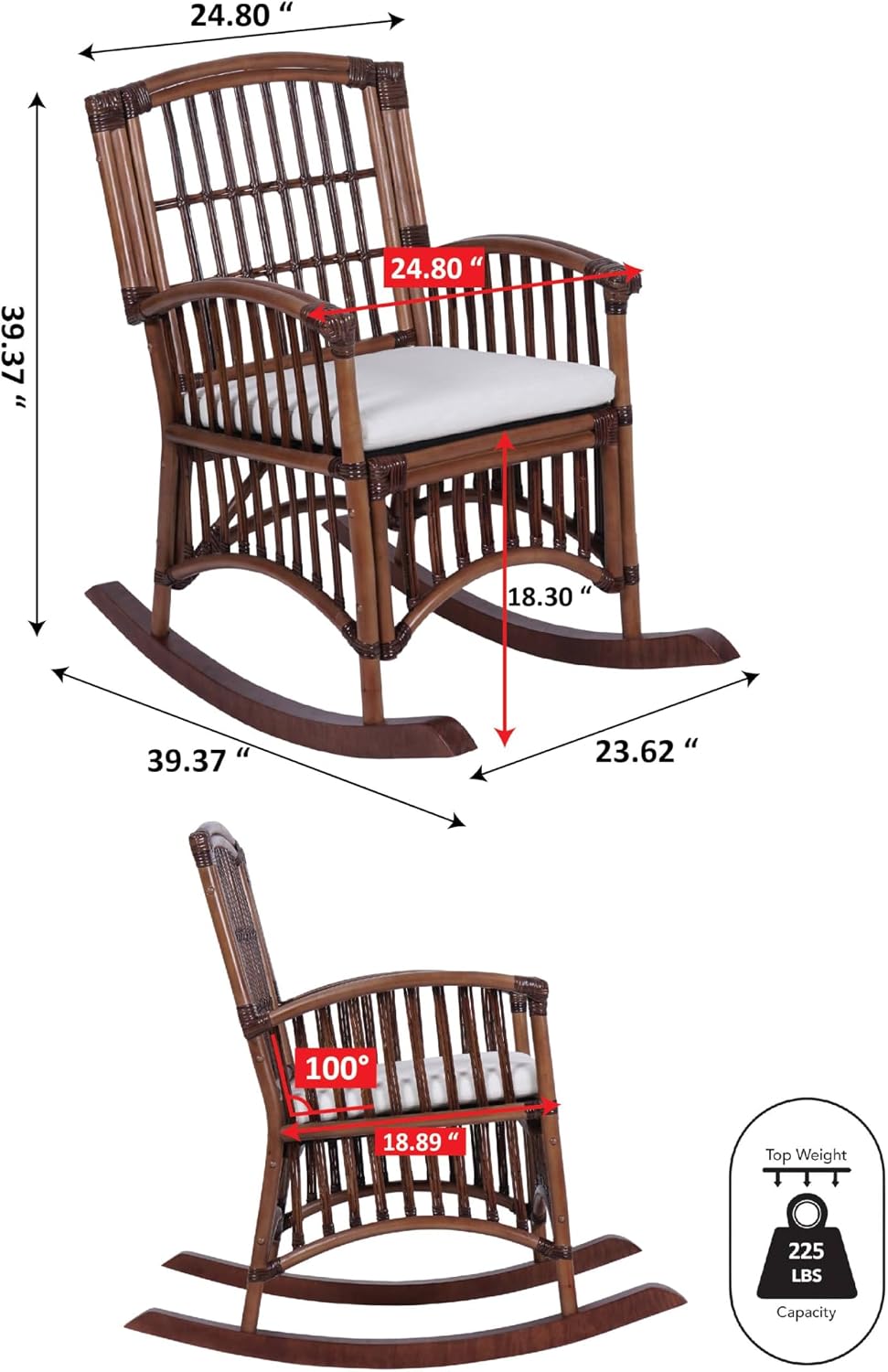JONATHAN Y RCK200A Swayze Bohemian Farmhouse Woven Rattan/Wood Rocking Chair White Cushion with Brown Frame for Home, Living Room, Bedroom. Guestroom, Foyer, Library