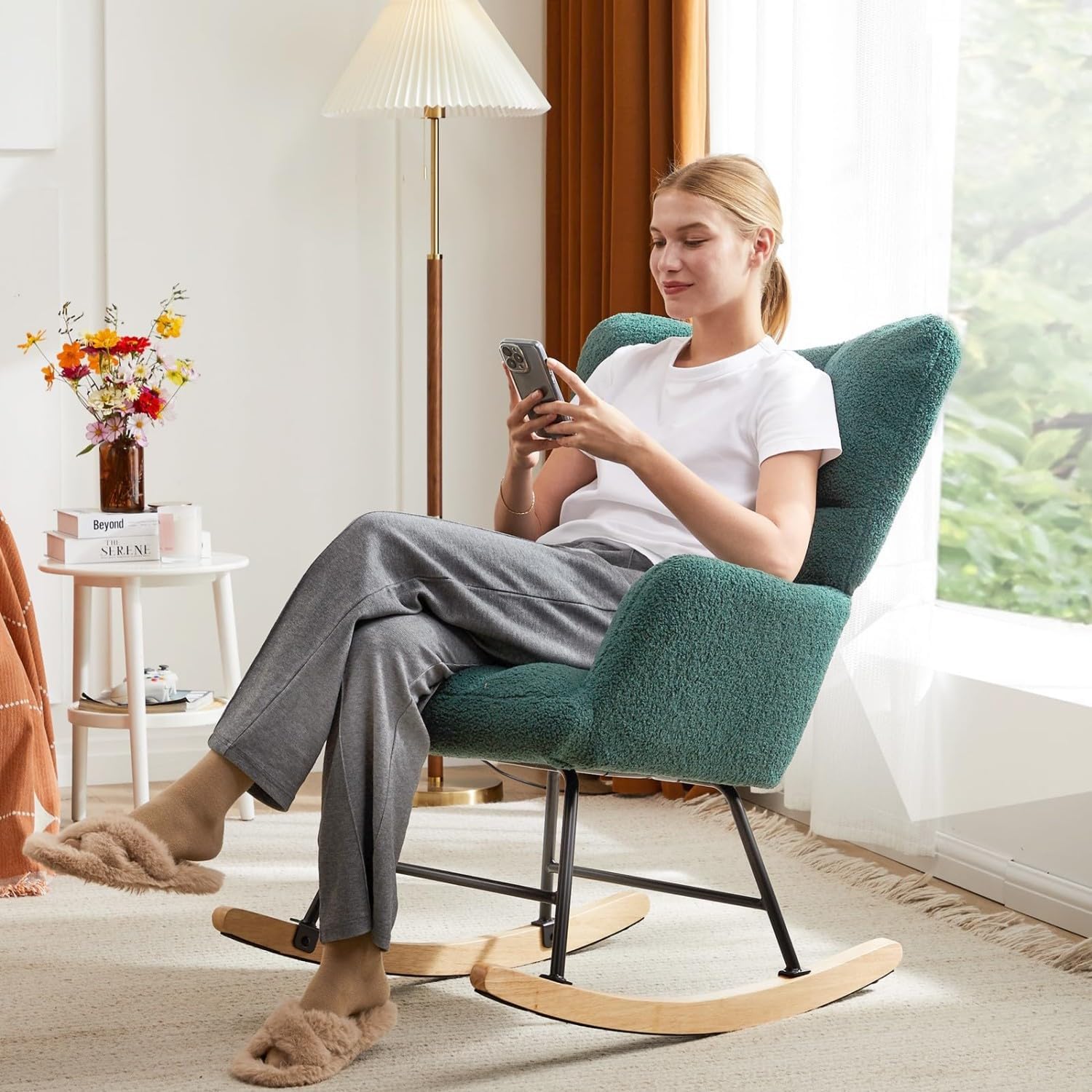 Rocking Chair, Upholstered Glider Rocker Accent Chair, Nnursery Rocking Chairs with High Backrest for Small Spaces, Indoor, Living Room, Bedroom, Green
