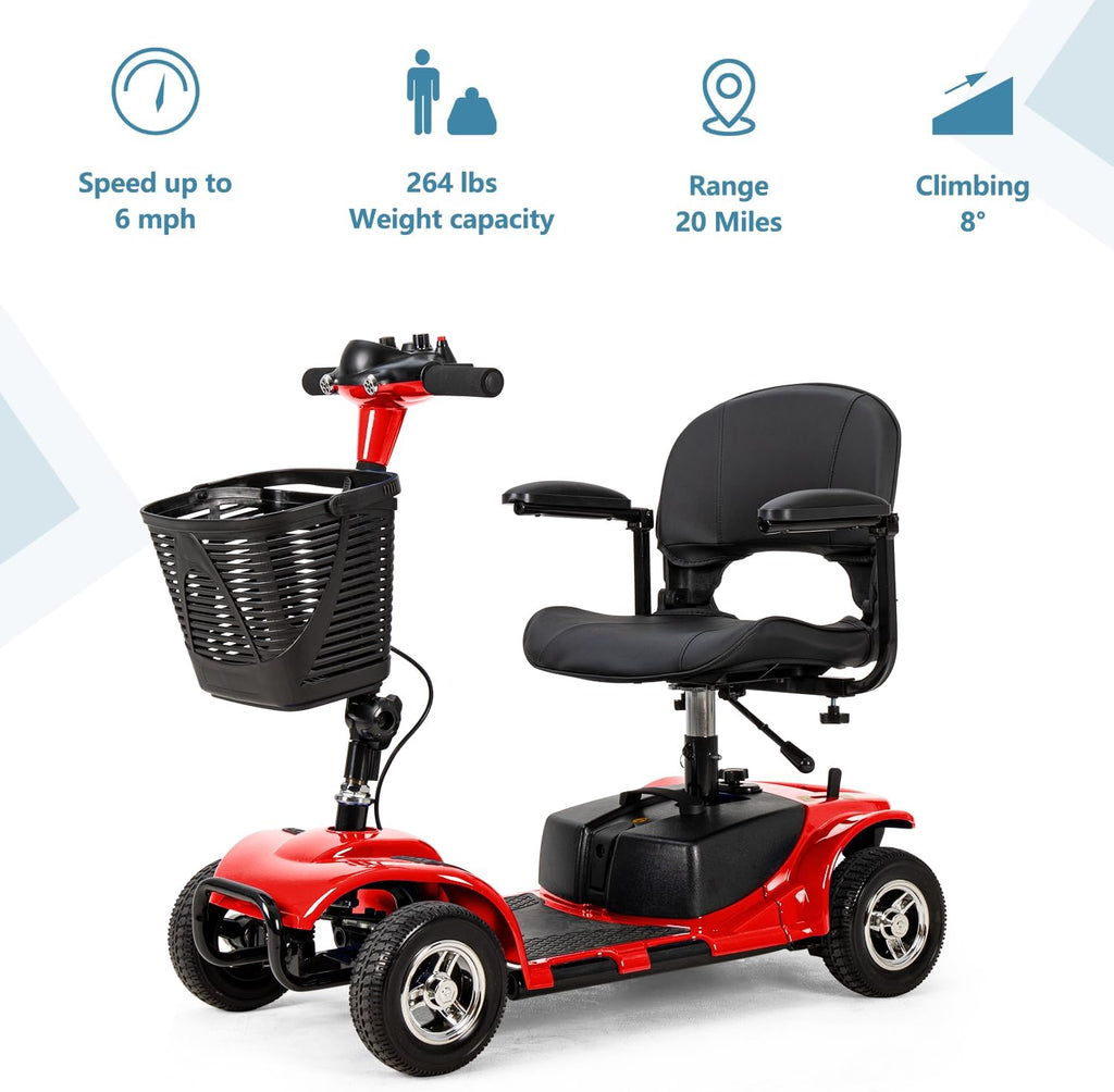 4 Wheel Mobility Scooters for Adults，Collapsible Compact Electric Scooter，Heavy Duty Powered Mobile Wheelchair Device with Lights，Basket and Long-Lasting Battery（Red）