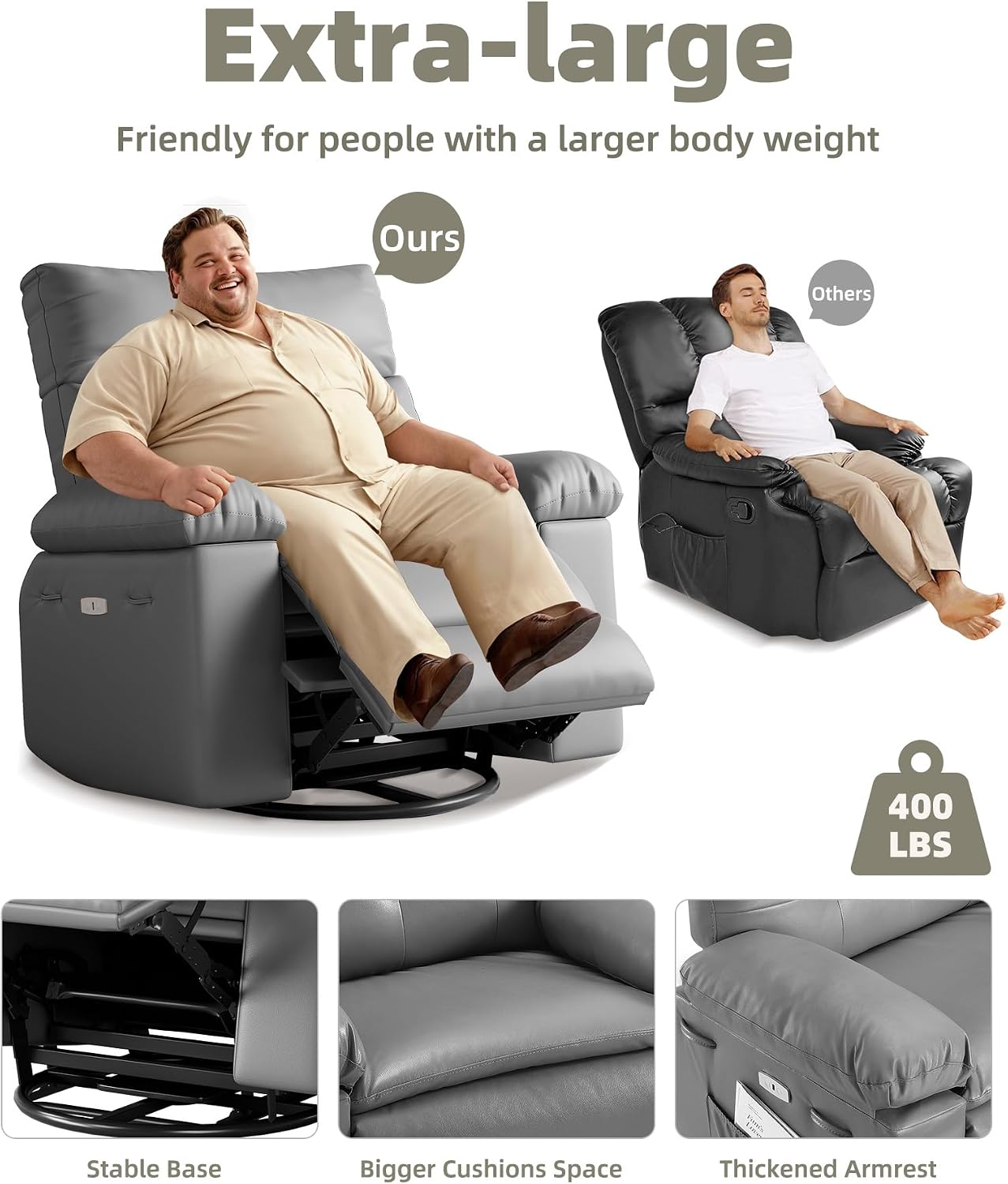 GarveeHome Oversized Power Rocker Swivel Recliner Chair - Heat and Massage, PU Leather Electric Glider Rocking Chair with USB Port, Glider Recliner Nursery Chair for Living Room, Bedroom, Nursery