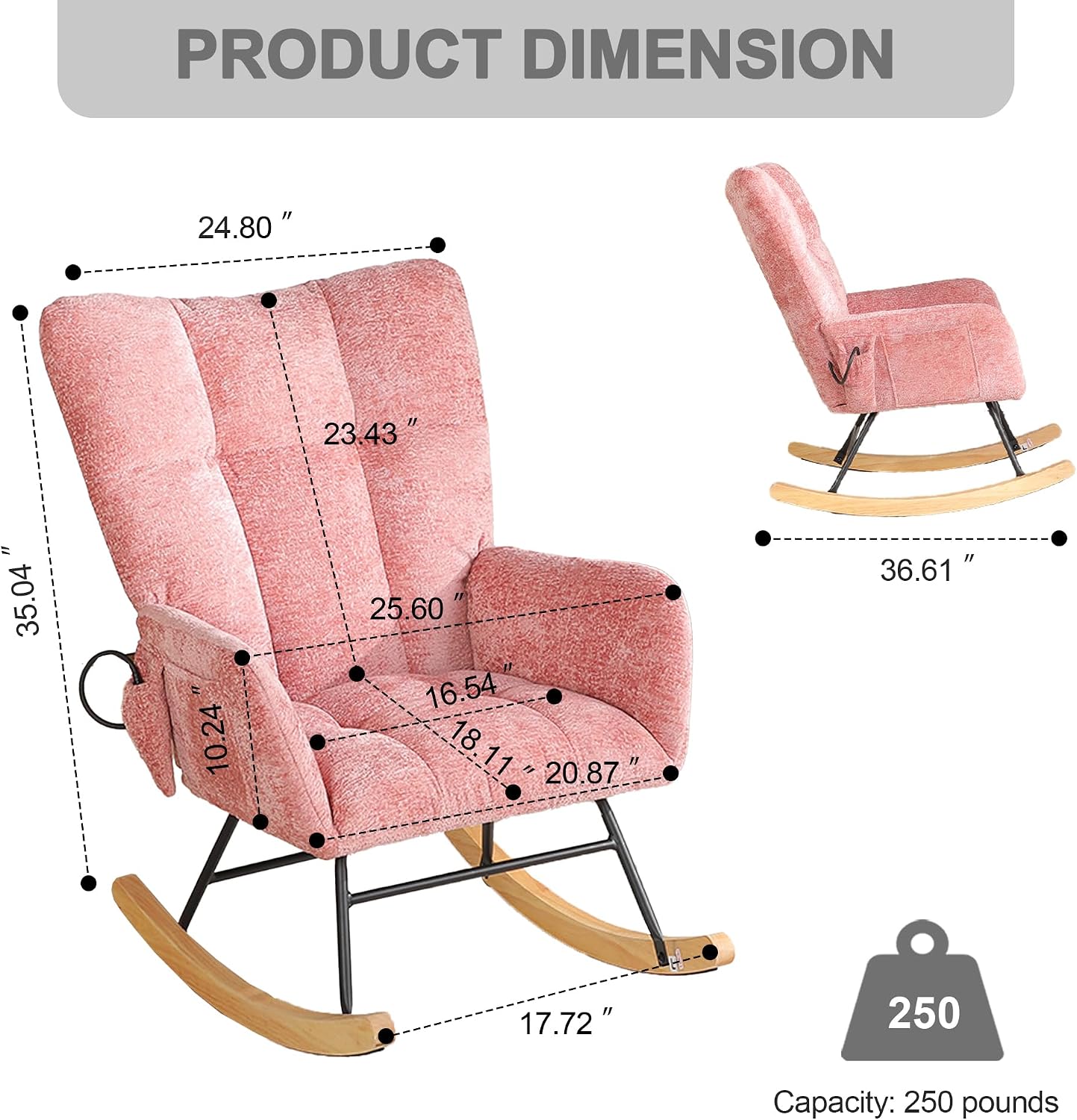Rocking Chair Nursery, Nursery Rocking Reading Chair Indoor, Cozy Upholstered Glider Rocker Chairs for Living Room Bedroom, Sillas Mecedoras (Chenille, Pink)