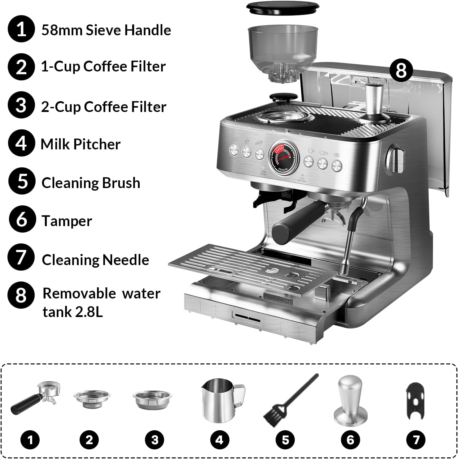 GarveeHome Espresso Coffee Machine, 20 Bar Professional Coffee Maker with Grinder and Milk Frother Steam Wand, 2.8 L Water Tank, 15 Grinding Setting Espresso Cappuccino/Latte Machine for Home