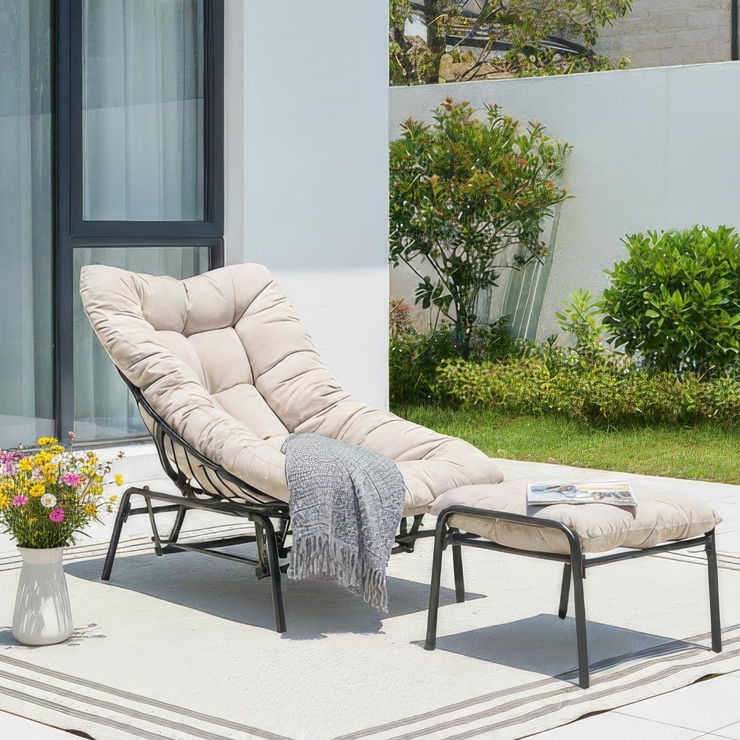 NATURAL EXPRESSIONS Lounge Chair Outdoor with Ottoman, 2-Piece Gentle Rocking Chaise Lounge Set, 4.7' Olefin Cushion & Sturdy Frame, Glider Rocking Chair for Indoor Outdoor Use