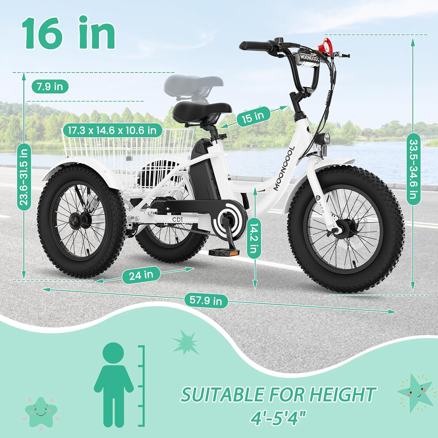 LILYPELLE Electric Tricycle for Youth, 250W Aluminum Frame Electric Tricycle Etrike, 16IN 3 Wheels Electric Bicycle Bikes, 3.0 Fat Tire Electric Trike with Removable Battery and Rear Basket