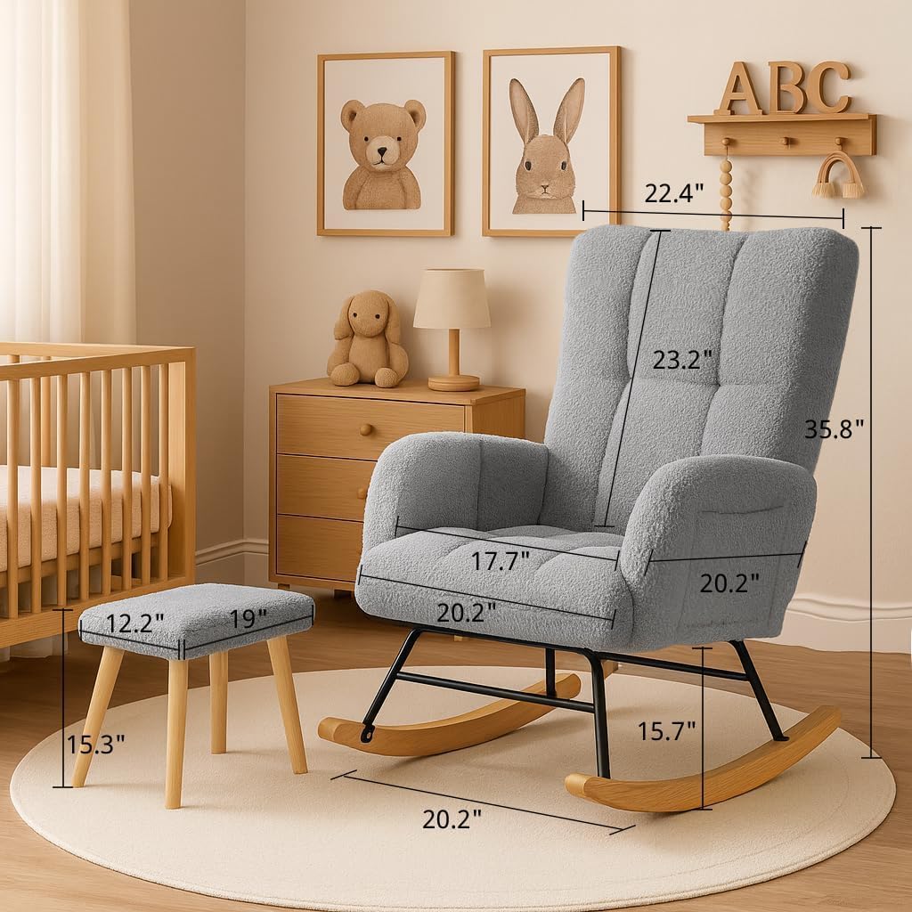COMHOMA Nursery Rocking Chair with Ottoman, Teddy Glider Rocking Chair, Accent Chair with High Backrest Reading Chair for Adult, Nursery, Bedroom, Living Room, Offices (Gray with Ottoman)