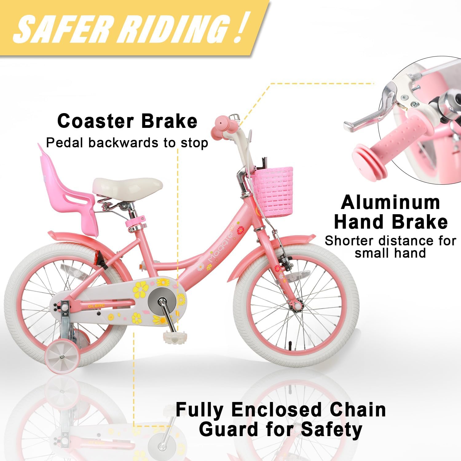 Glerc Maggie Girls Bike, 12-20 Inch Kids Bike for 2-13 Years Old Children, Princess Style Kids Bicycle with Doll-Seat & Basket & Training Wheels, Multiple Colors