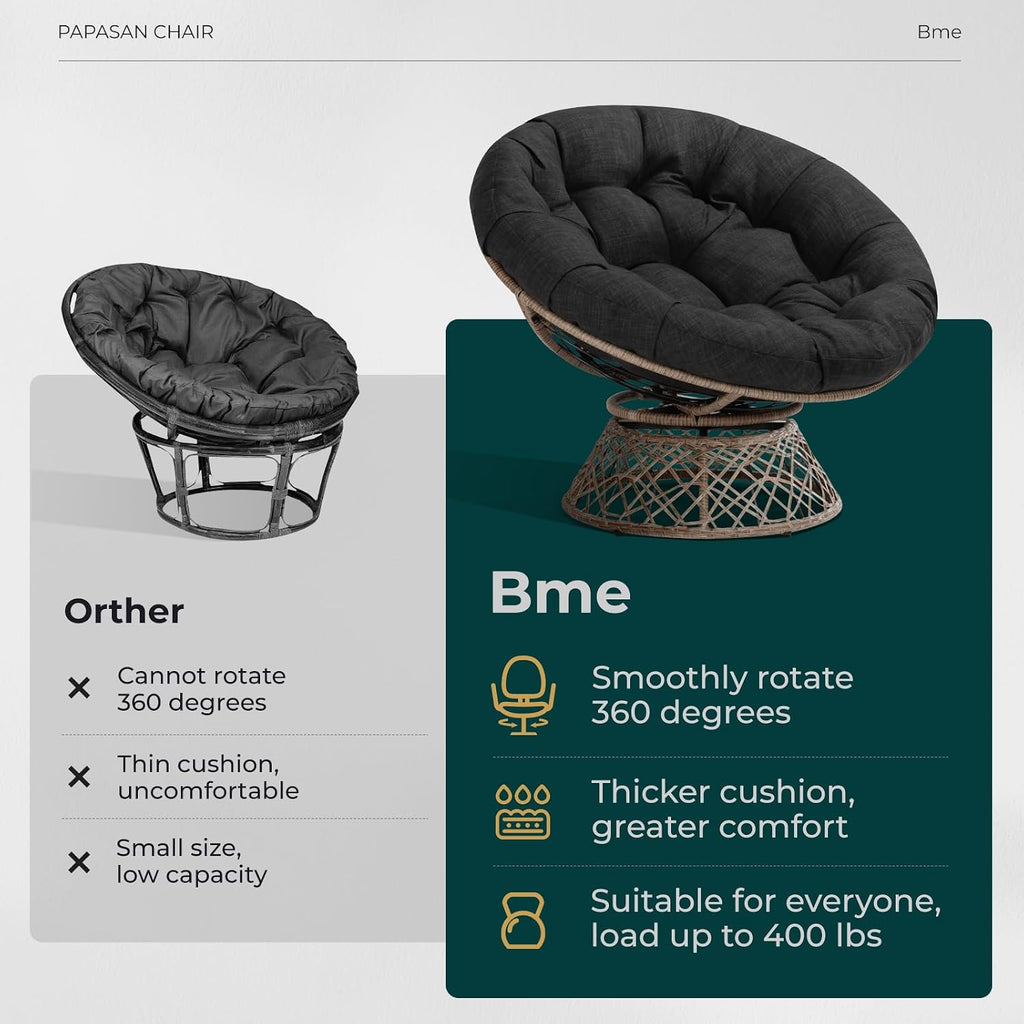 Bme 40' Ergonomic Wicker Papasan Chair with Soft Thick Density Fabric Cushion, High Capacity Steel Frame, 360 Degree Swivel for Living, Bedroom, Reading Room, Lounge, Onyx Stone - Brown Base