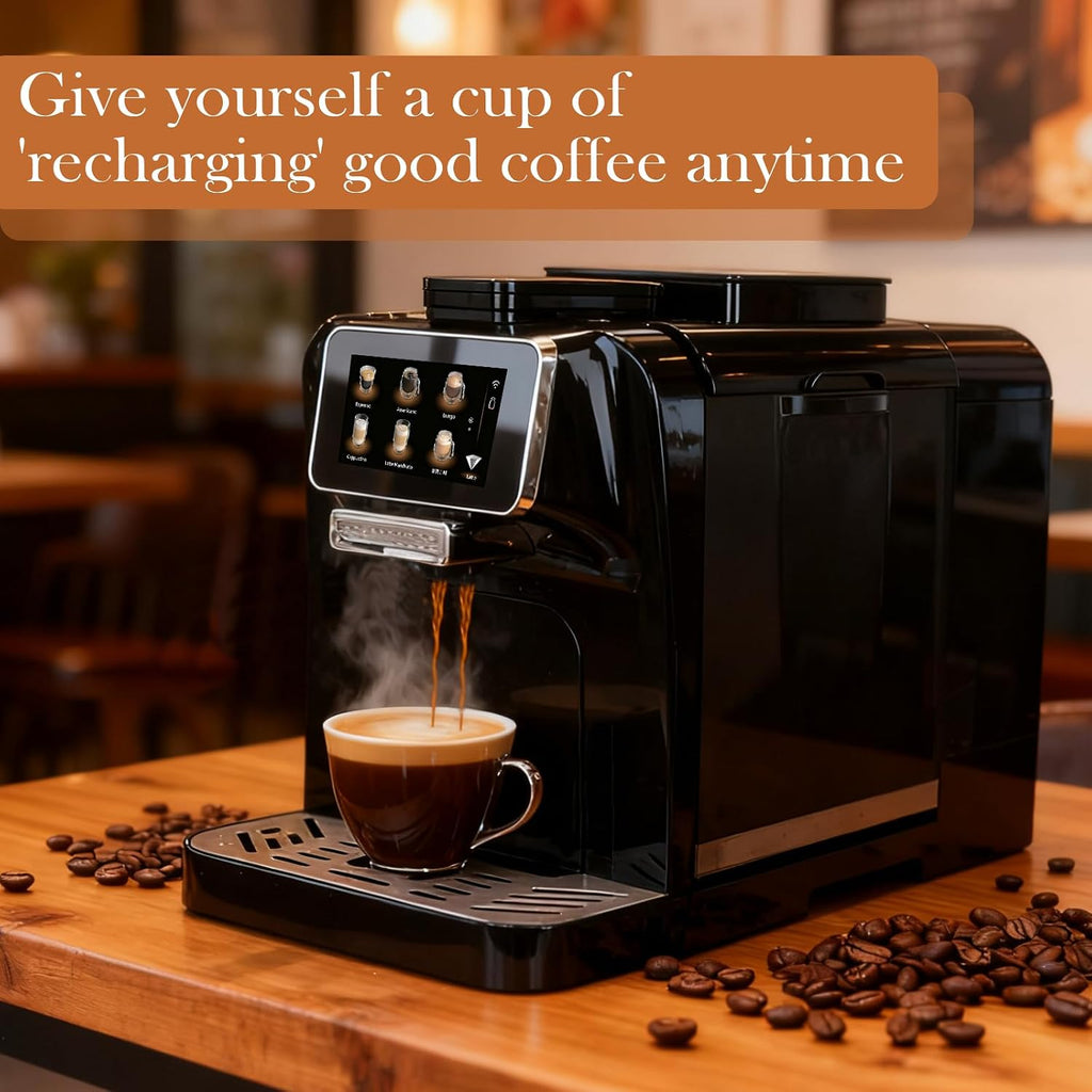 Fully Automatic Espresso Coffee Machine with Milk Cooler 4.3' Touchscreen Dual Heating 11 One Touch Beverages Adjustable Grinder & Milk Frother WiFi Smart Control